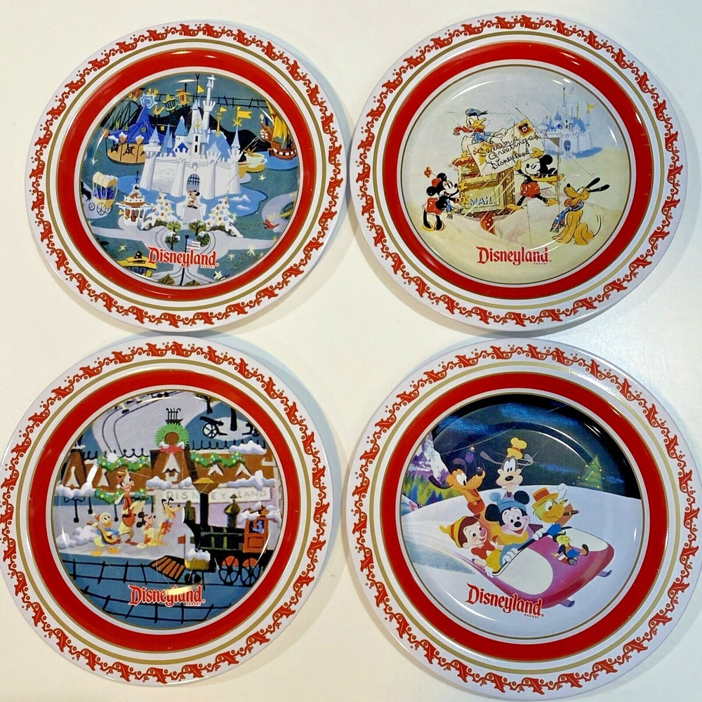 Disneyland Set Of 4 Holiday / Christmas Tin / Metal Plates 8.5” Wide - My Set #2